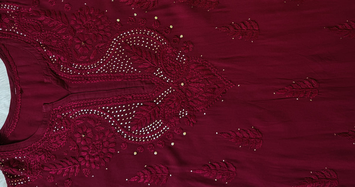 Ziya Maroon Chikankari Rayon Mukesh Kurta Bottom Set