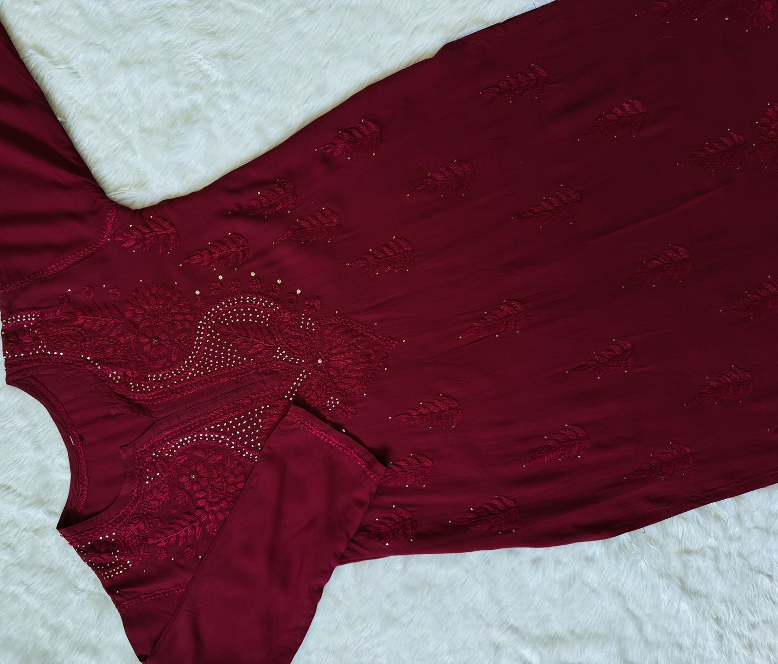Ziya Maroon Chikankari Rayon Mukesh Kurta Bottom Set