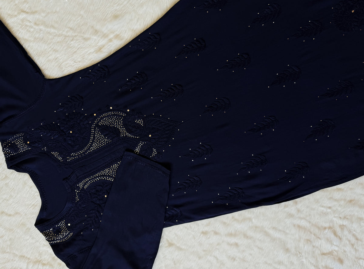 Ziya Navy Blue Chikankari Rayon Mukesh Kurta Bottom Set