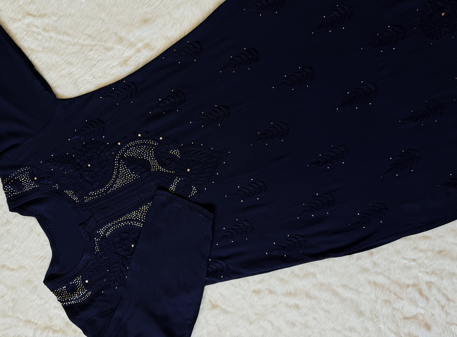 Ziya Navy Blue Chikankari Rayon Mukesh Kurta Bottom Set