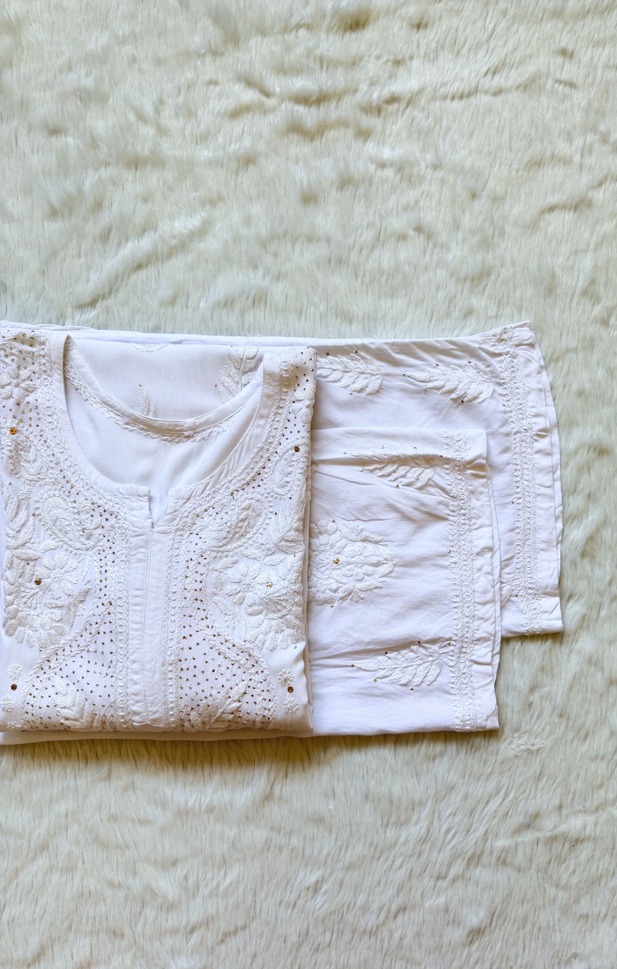 Ziya White Chikankari Rayon Mukesh Kurta Bottom Set