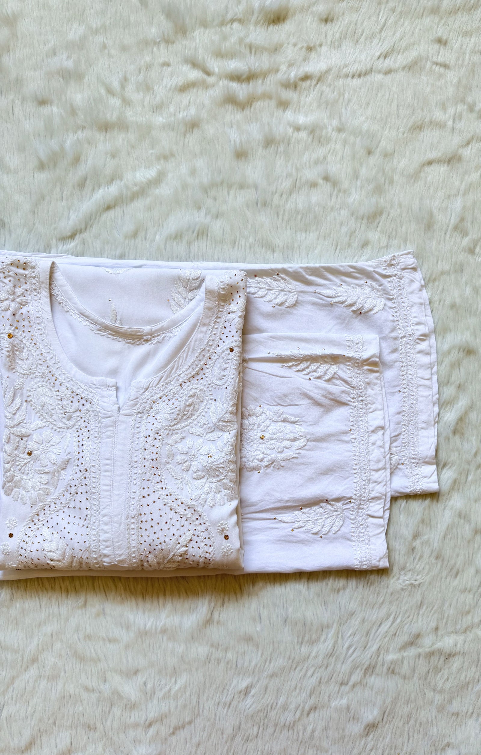 Ziya White Chikankari Rayon Mukesh Kurta Bottom Set