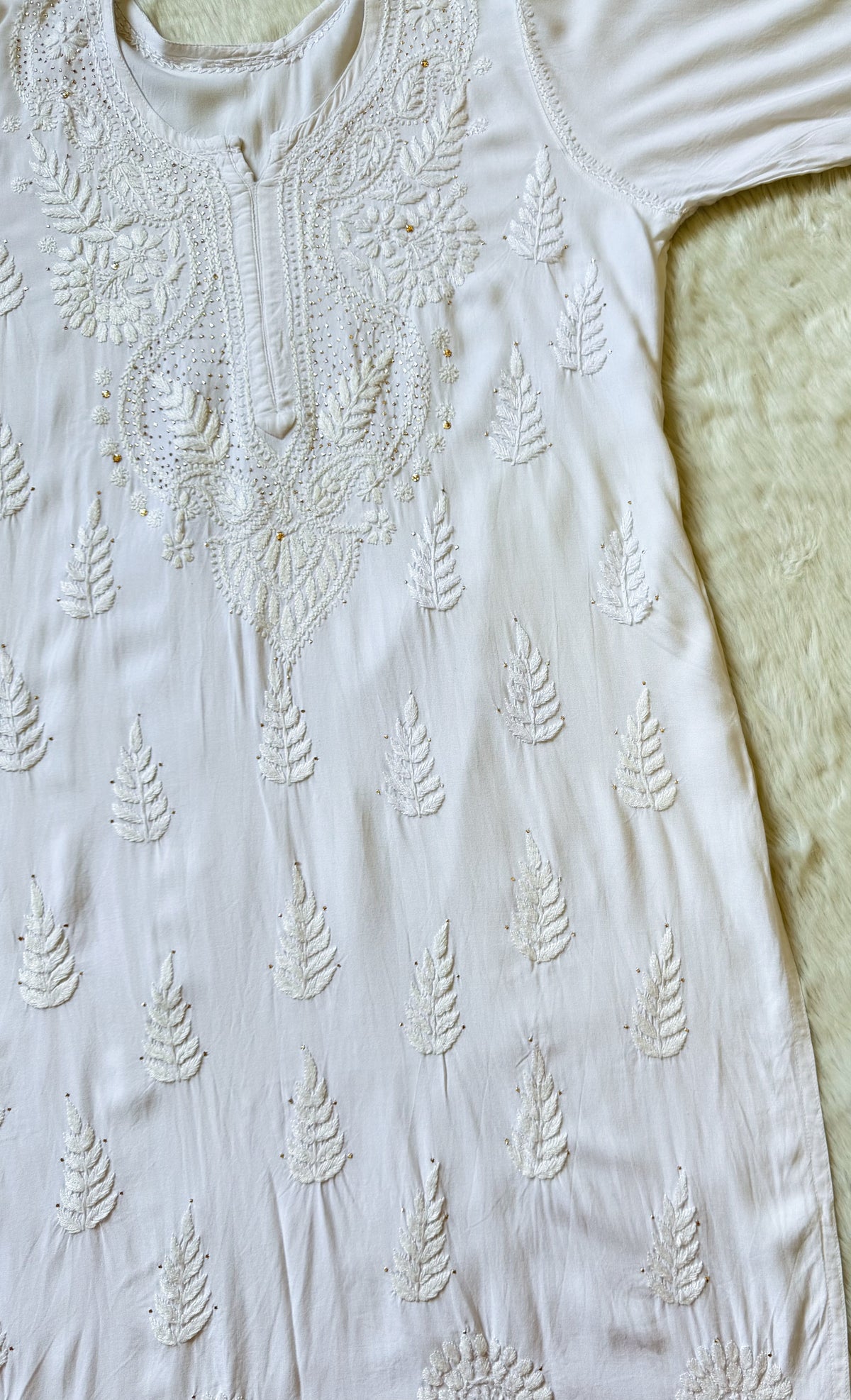 Ziya White Chikankari Rayon Mukesh Kurta Bottom Set