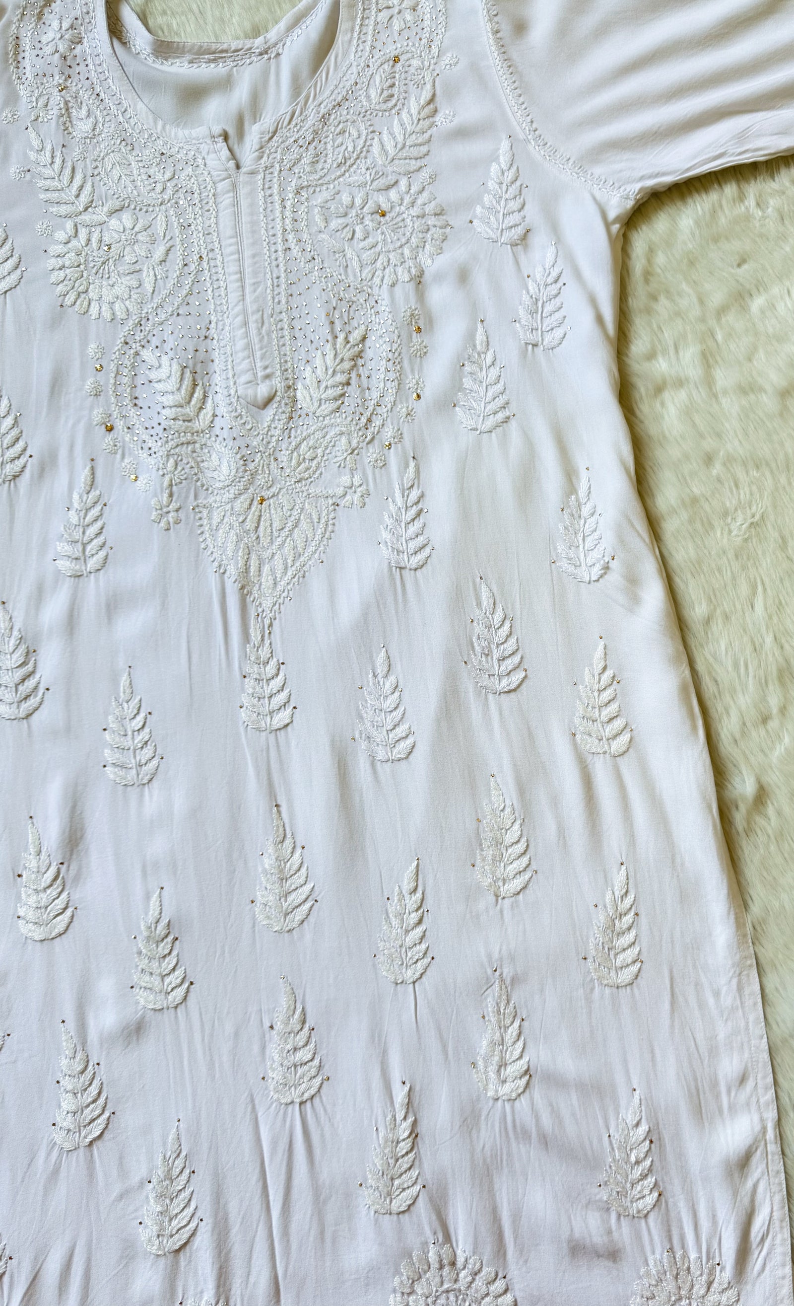 Ziya White Chikankari Rayon Mukesh Kurta Bottom Set