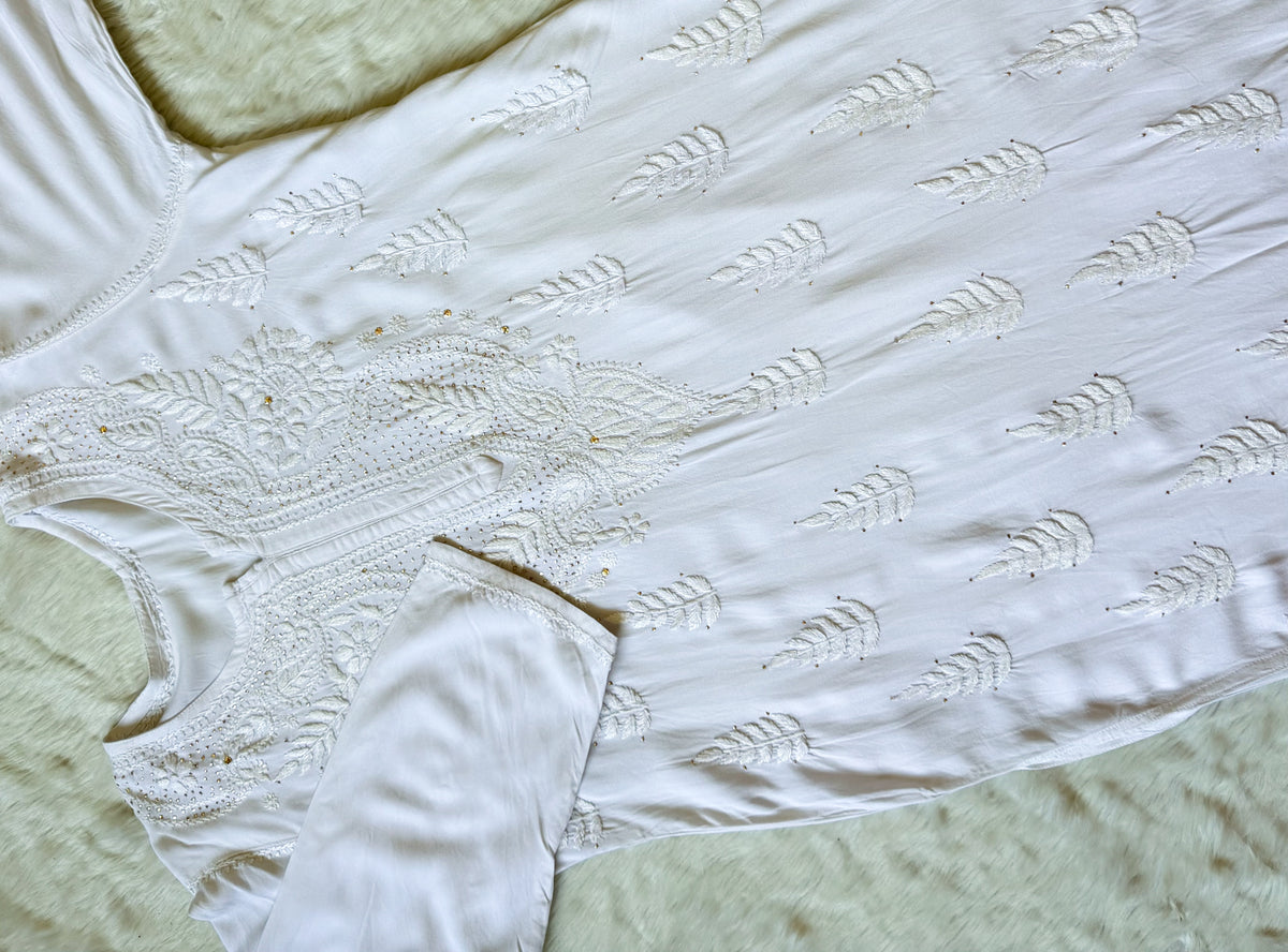 Ziya White Chikankari Rayon Mukesh Kurta Bottom Set