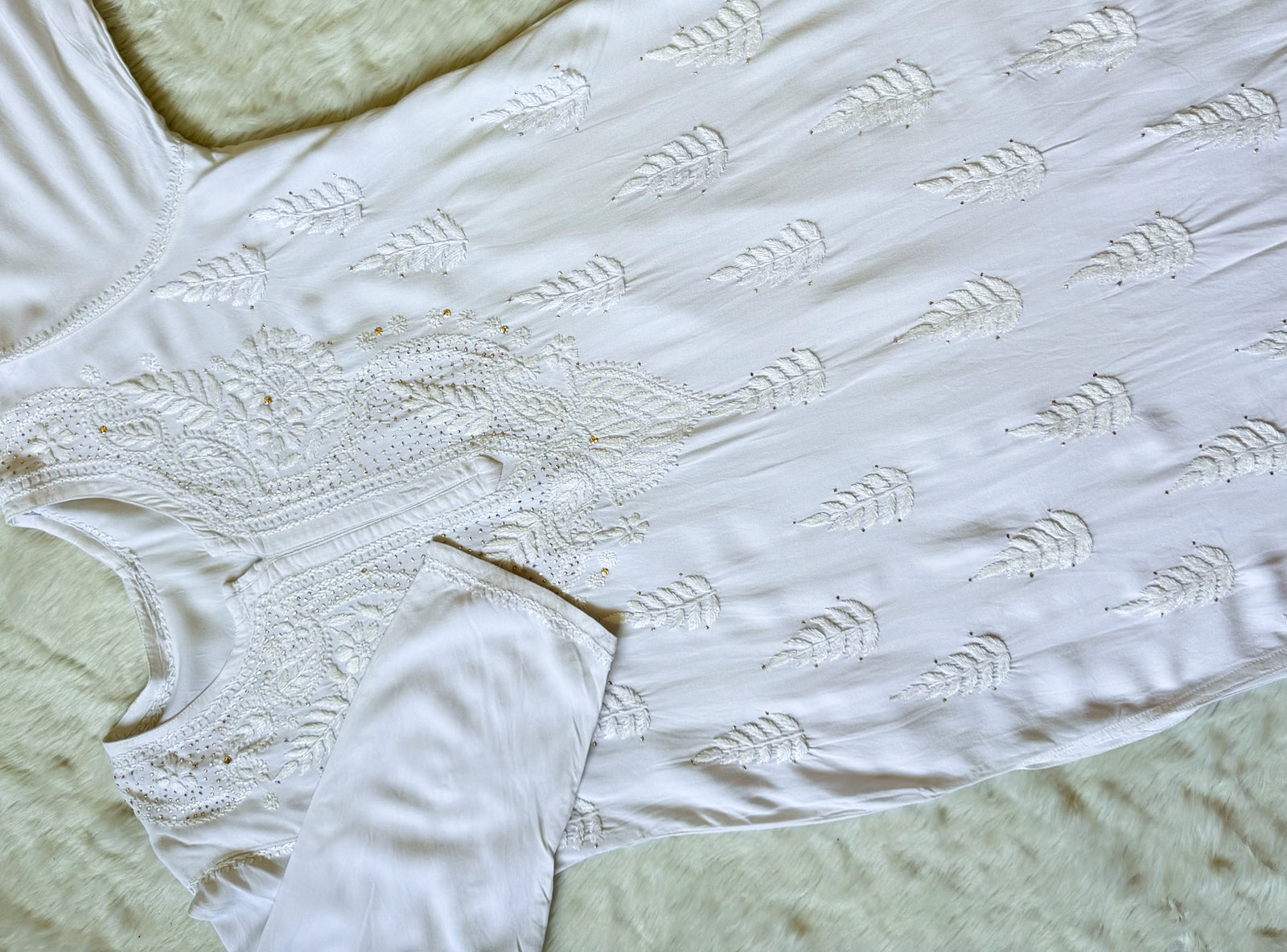 Ziya White Chikankari Rayon Mukesh Kurta Bottom Set