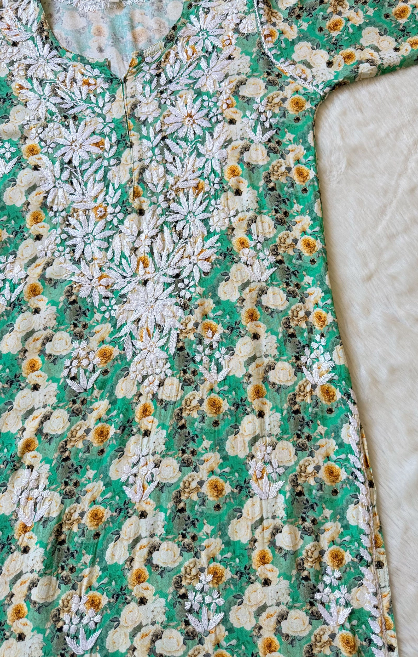 Zuby Green Printed Long Rayon Kurta with White Chikankari