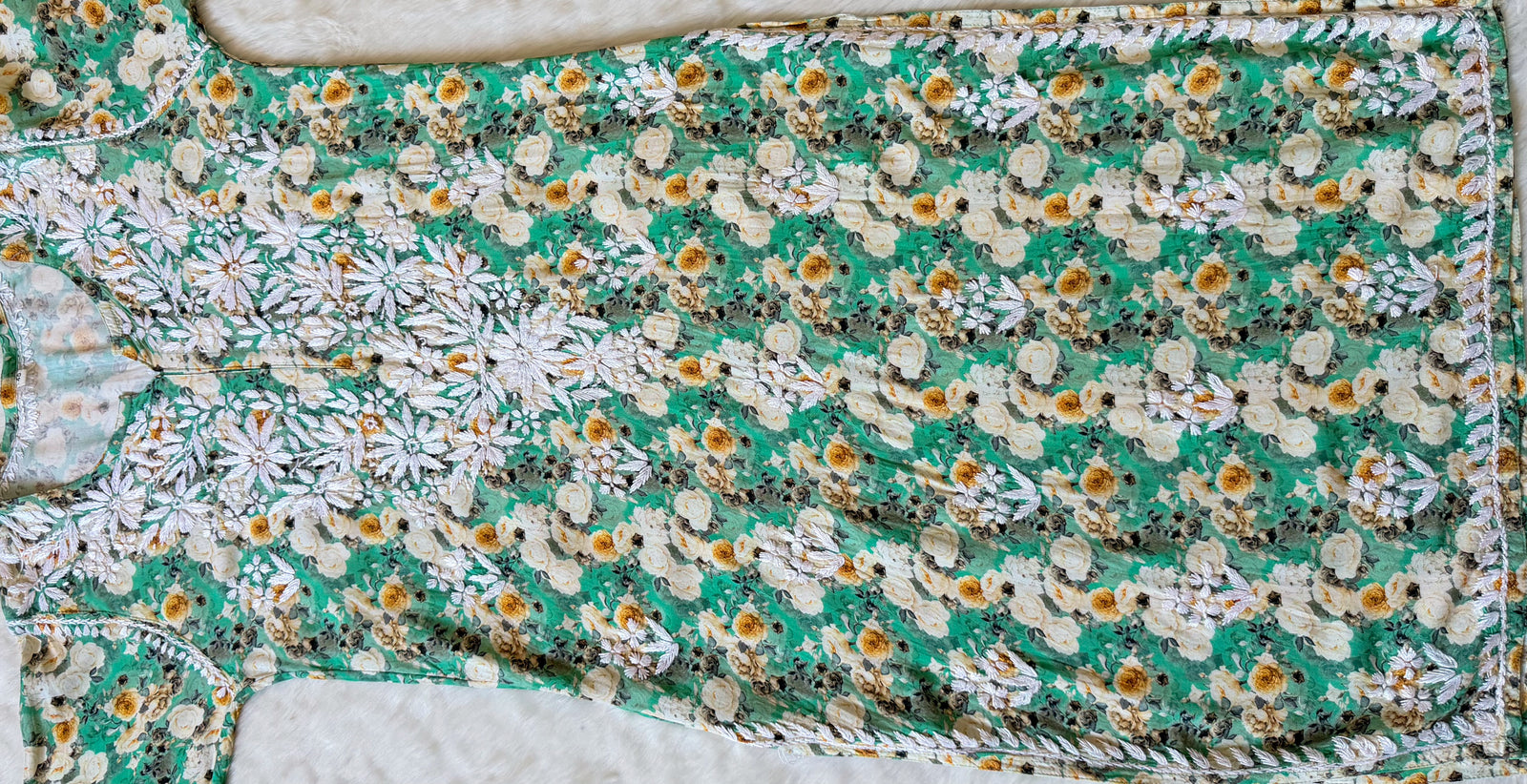 Zuby Green Printed Long Rayon Kurta with White Chikankari