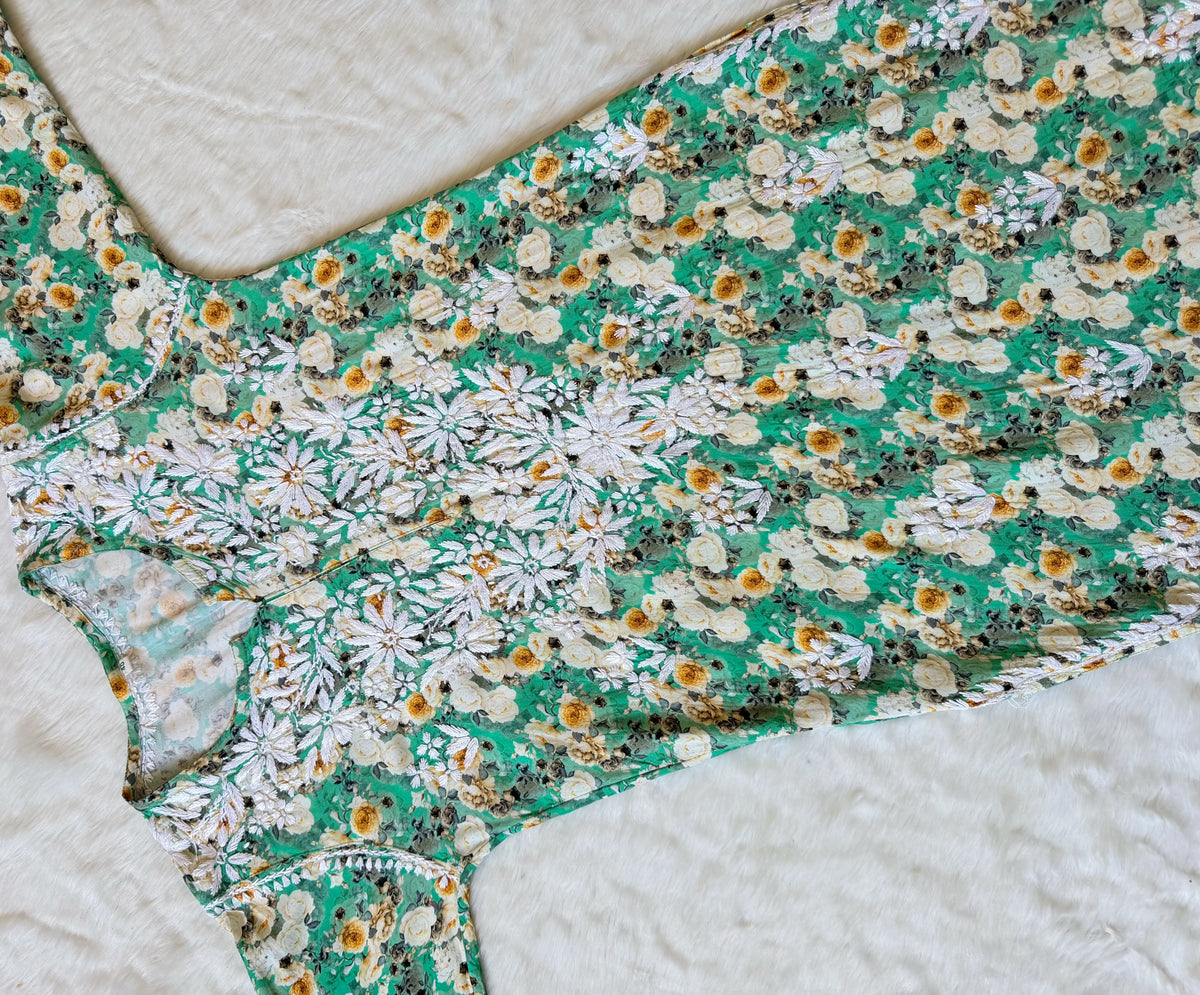 Zuby Green Printed Long Rayon Kurta with White Chikankari