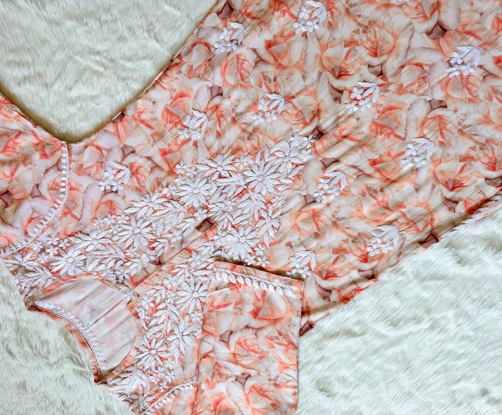 Zuby Light Peach Printed Long Rayon Kurta with White Chikankari