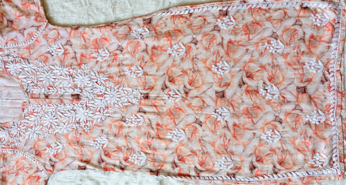 Zuby Light Peach Printed Long Rayon Kurta with White Chikankari