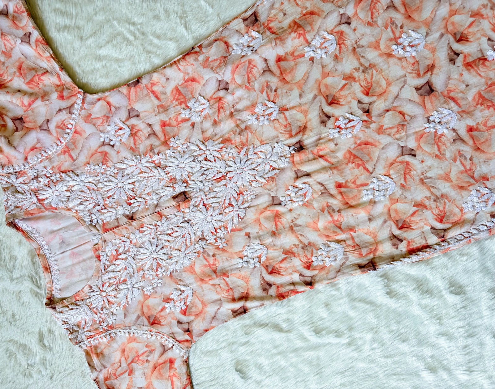 Zuby Light Peach Printed Long Rayon Kurta with White Chikankari