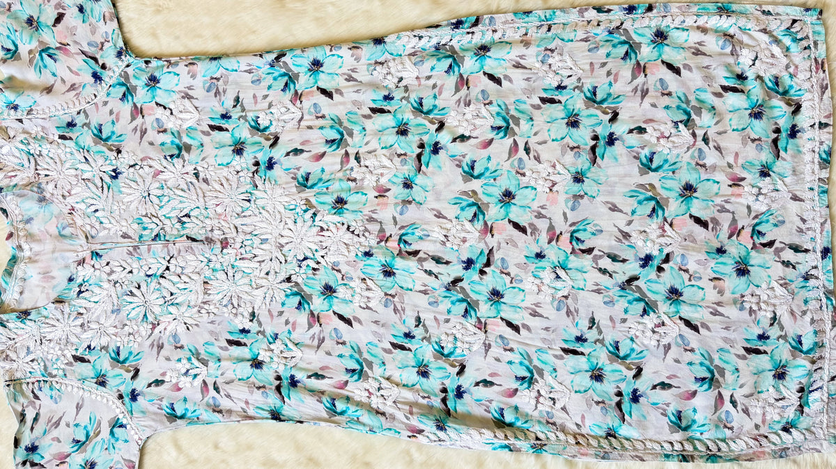 Zuby Mint Green Printed Long Rayon Kurta with White Chikankari