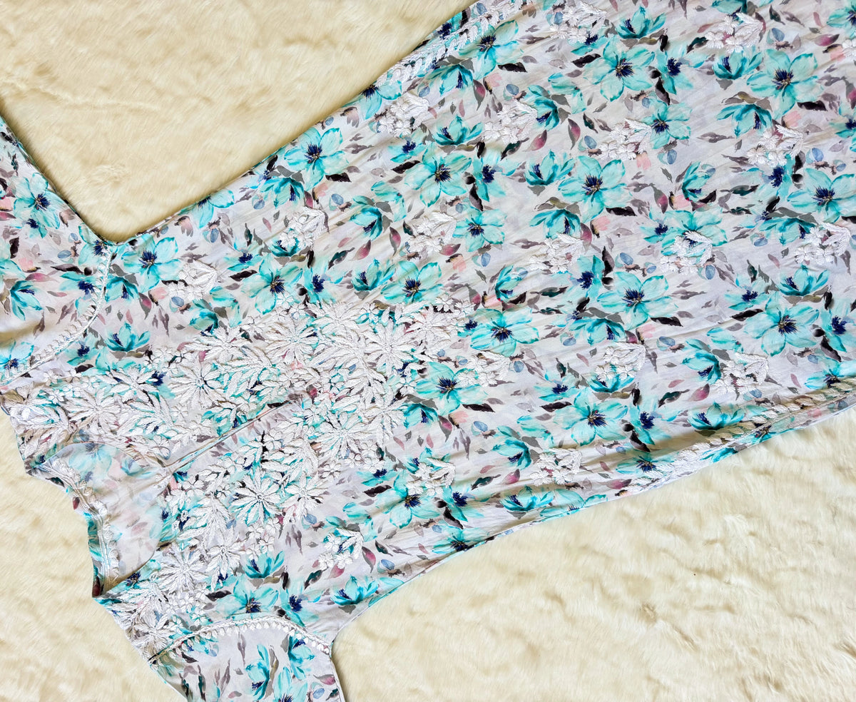 Zuby Mint Green Printed Long Rayon Kurta with White Chikankari