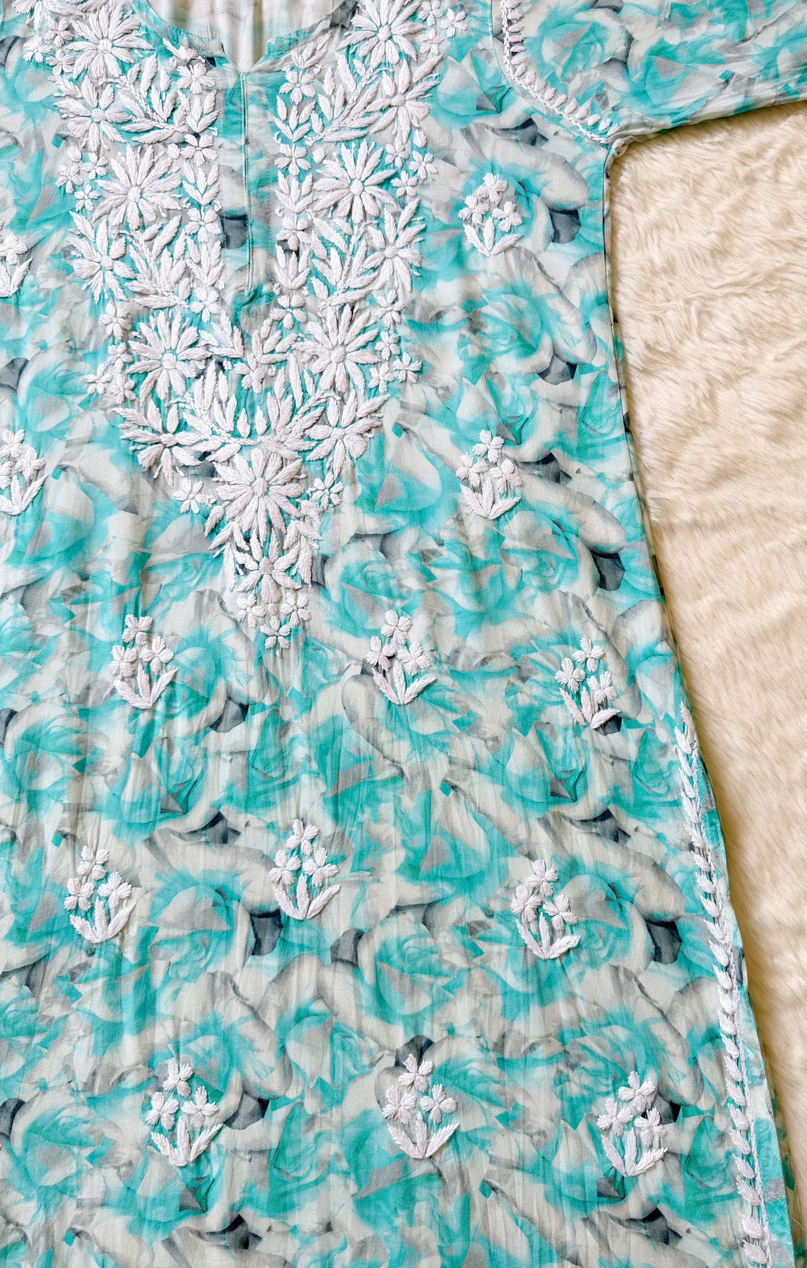 Zuby Mint Blue Printed Long Rayon Kurta with White Chikankari