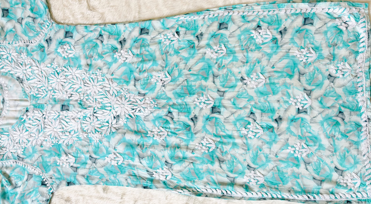 Zuby Mint Blue Printed Long Rayon Kurta with White Chikankari