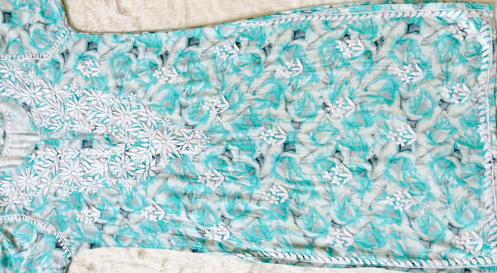 Zuby Mint Blue Printed Long Rayon Kurta with White Chikankari