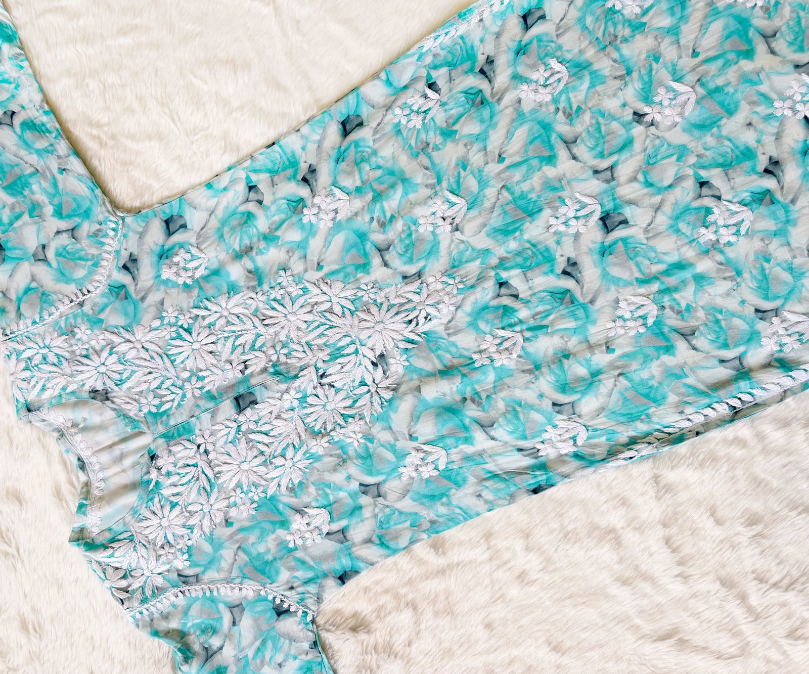 Zuby Mint Blue Printed Long Rayon Kurta with White Chikankari