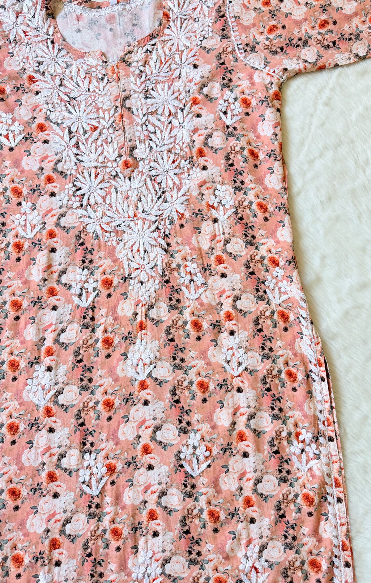 Zuby Peach Printed Long Rayon Kurta with White Chikankari
