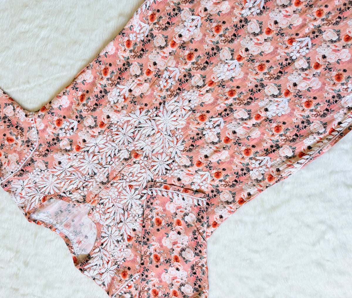 Zuby Peach Printed Long Rayon Kurta with White Chikankari