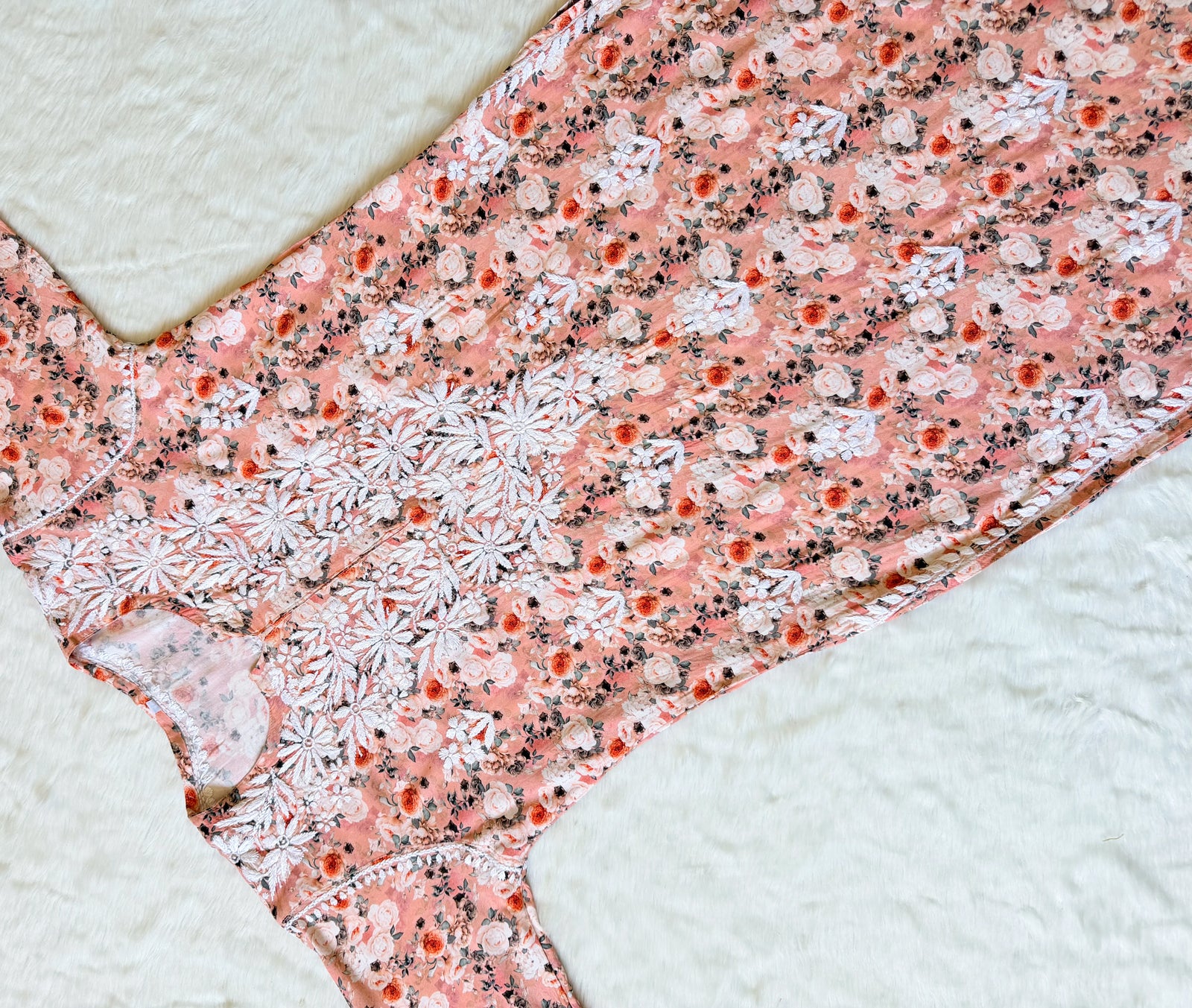 Zuby Peach Printed Long Rayon Kurta with White Chikankari