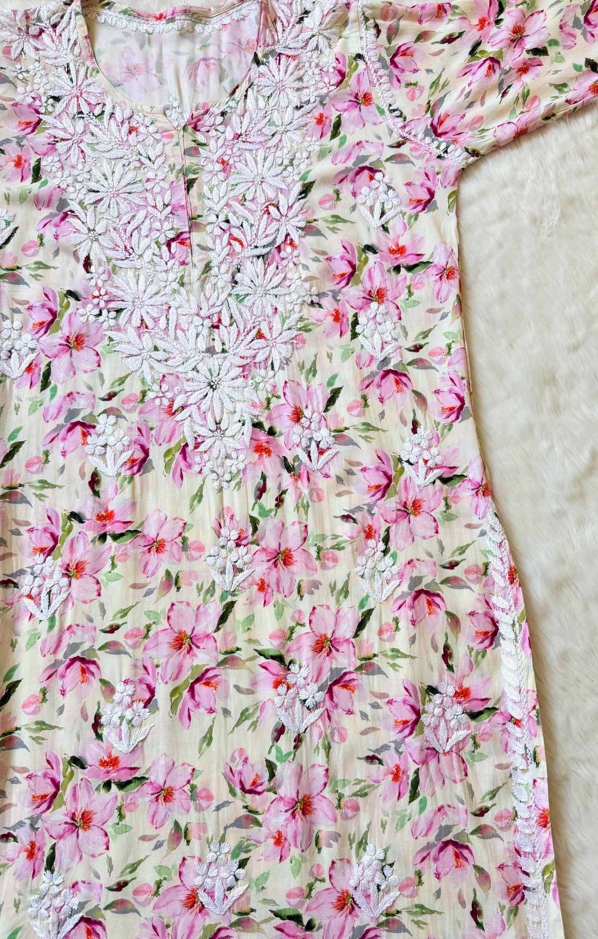 Zuby Pink Printed Long Rayon Kurta with White Chikankari