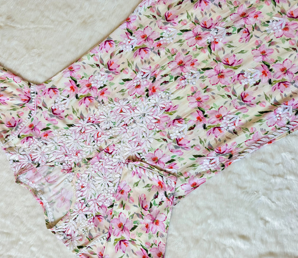 Zuby Pink Printed Long Rayon Kurta with White Chikankari