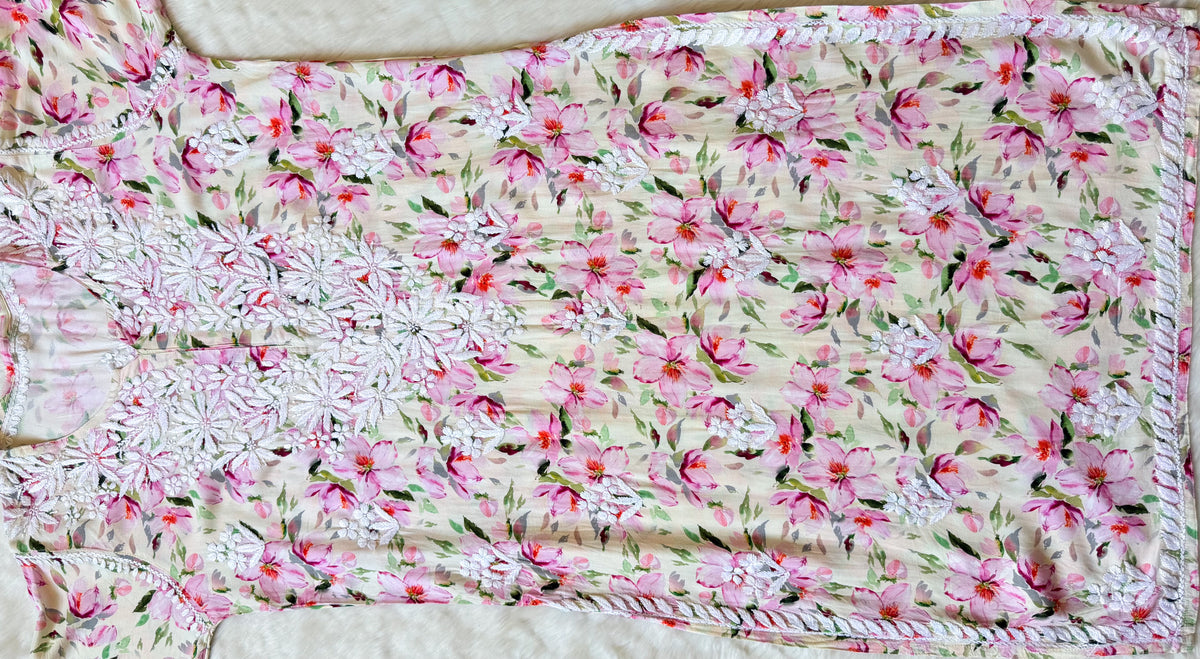 Zuby Pink Printed Long Rayon Kurta with White Chikankari