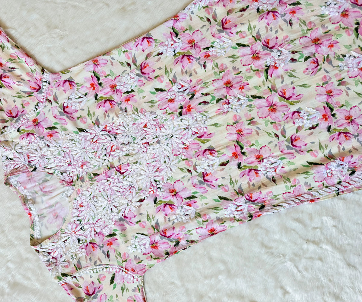 Zuby Pink Printed Long Rayon Kurta with White Chikankari