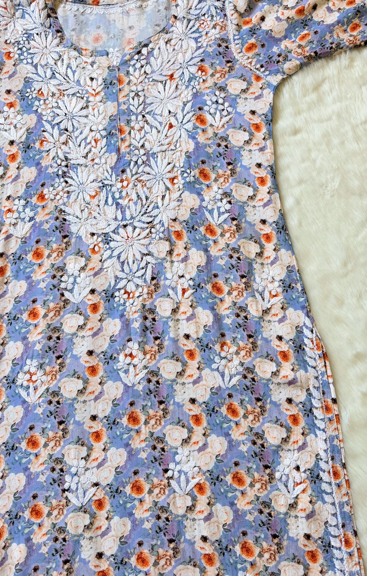 Zuby Sky Blue Printed Long Rayon Kurta with White Chikankari