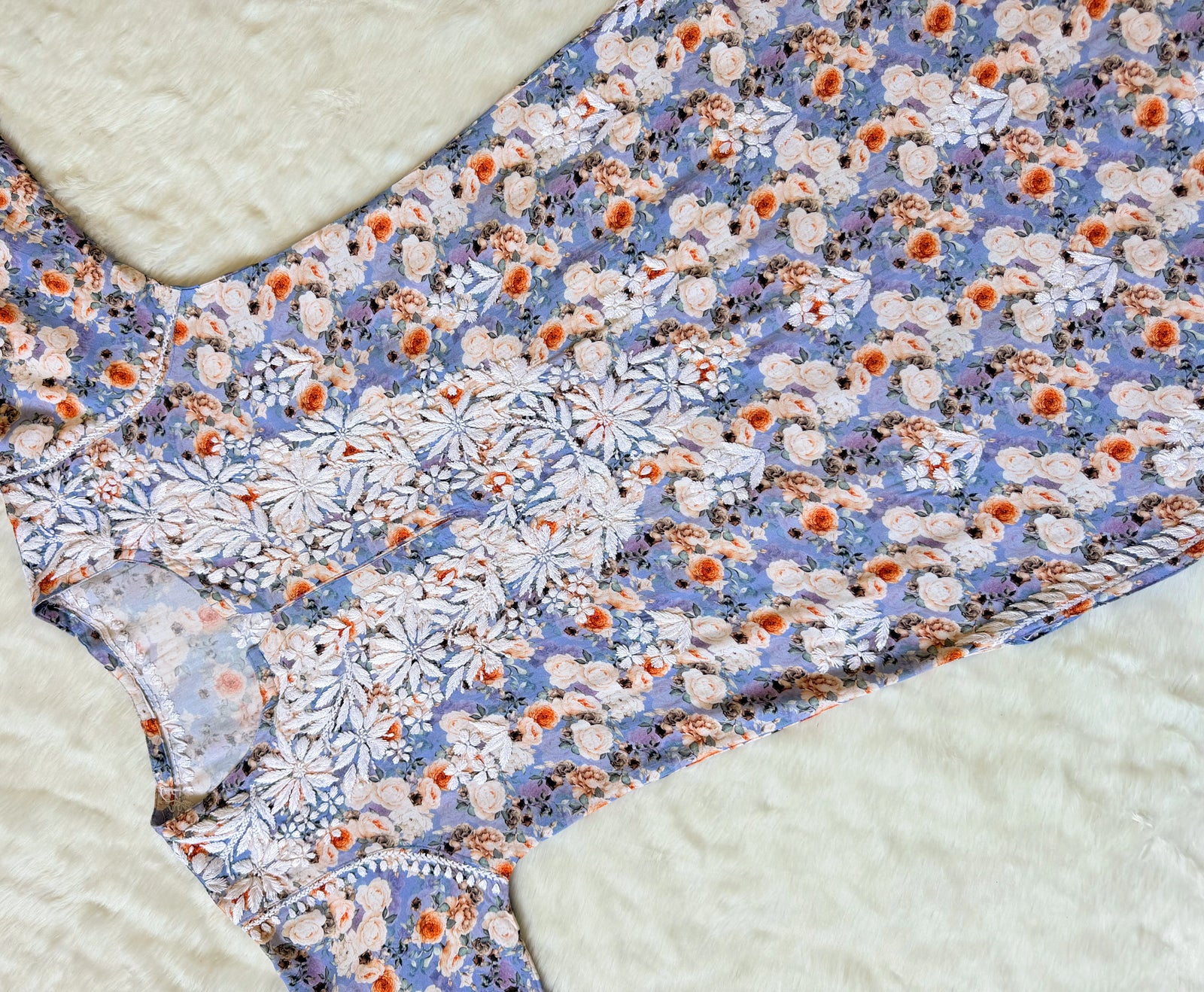 Zuby Sky Blue Printed Long Rayon Kurta with White Chikankari