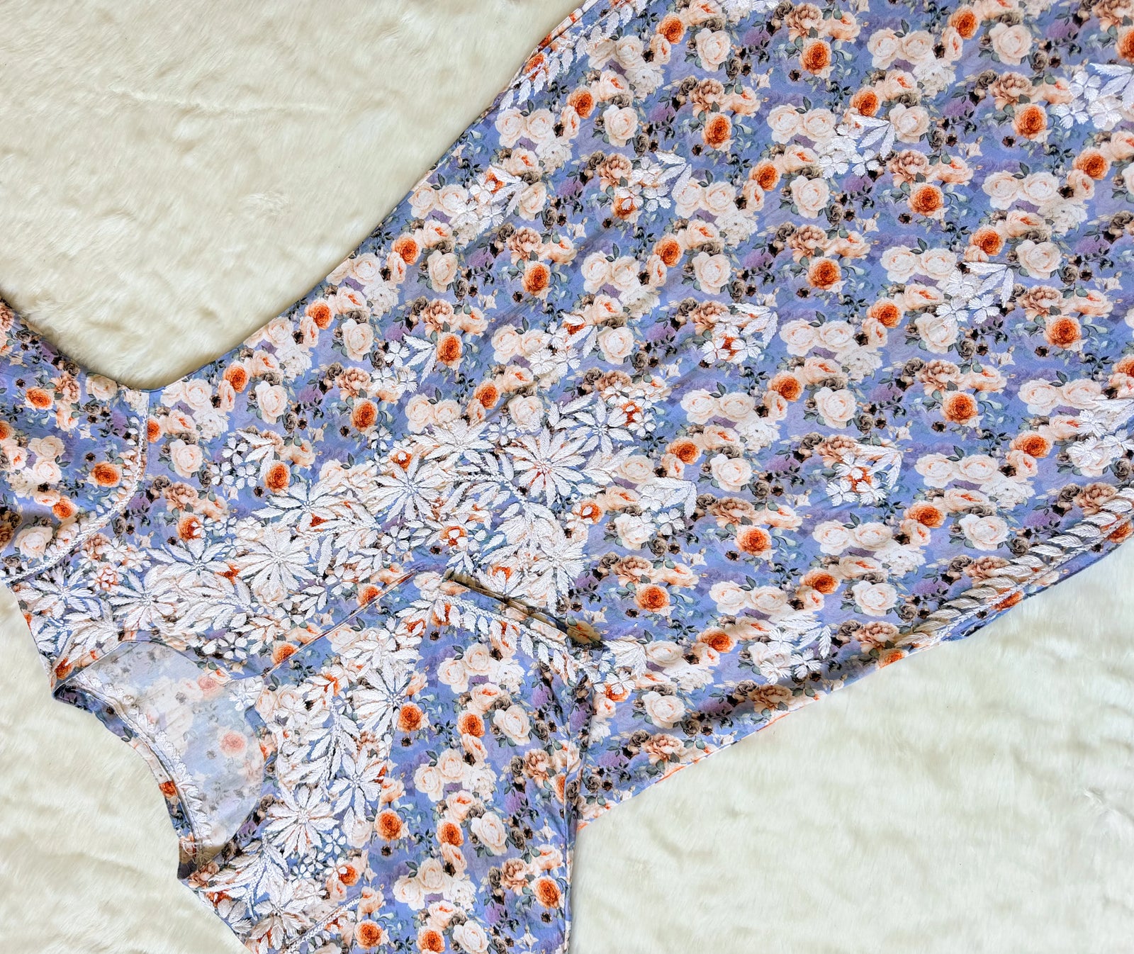 Zuby Sky Blue Printed Long Rayon Kurta with White Chikankari