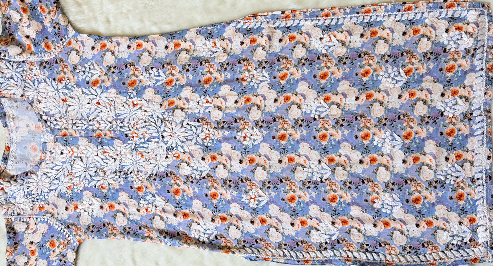 Zuby Sky Blue Printed Long Rayon Kurta with White Chikankari