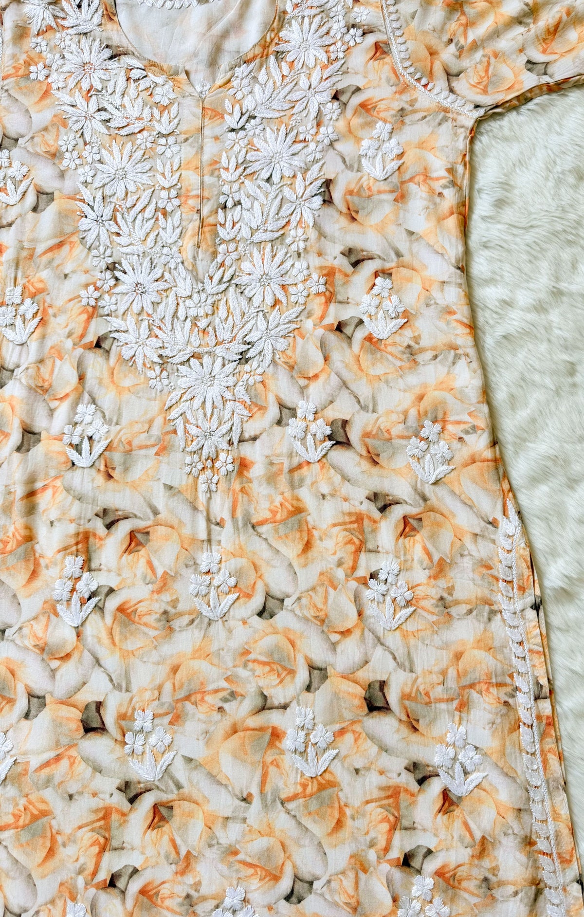 Zuby Sunset Yellow Printed Long Rayon Kurta with White Chikankari