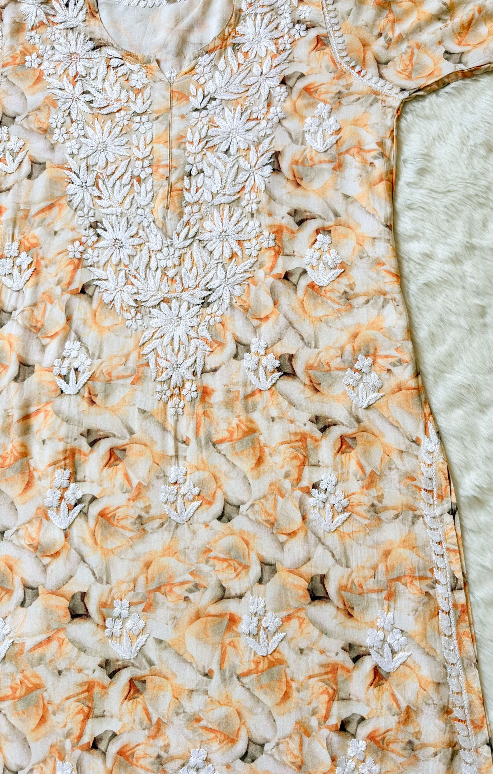 Zuby Sunset Yellow Printed Long Rayon Kurta with White Chikankari