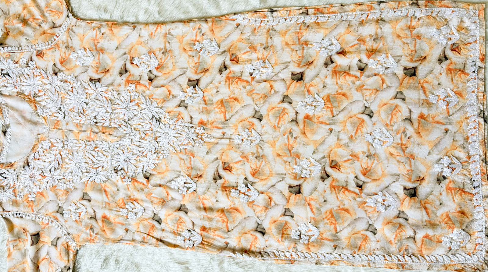 Zuby Sunset Yellow Printed Long Rayon Kurta with White Chikankari