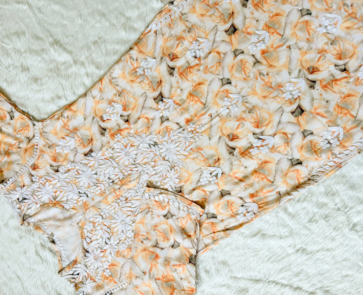 Zuby Sunset Yellow Printed Long Rayon Kurta with White Chikankari