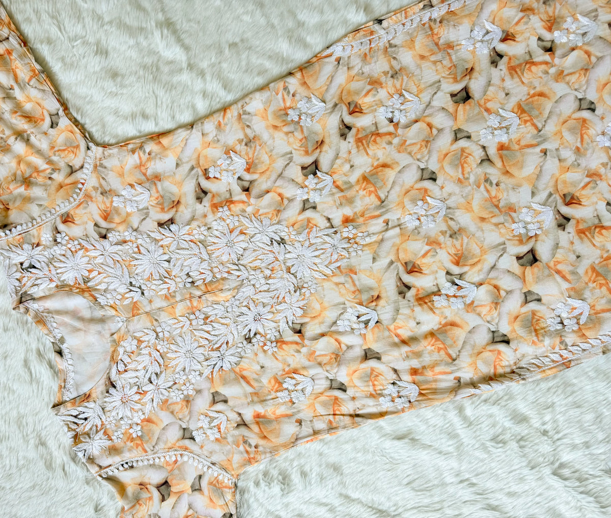 Zuby Sunset Yellow Printed Long Rayon Kurta with White Chikankari