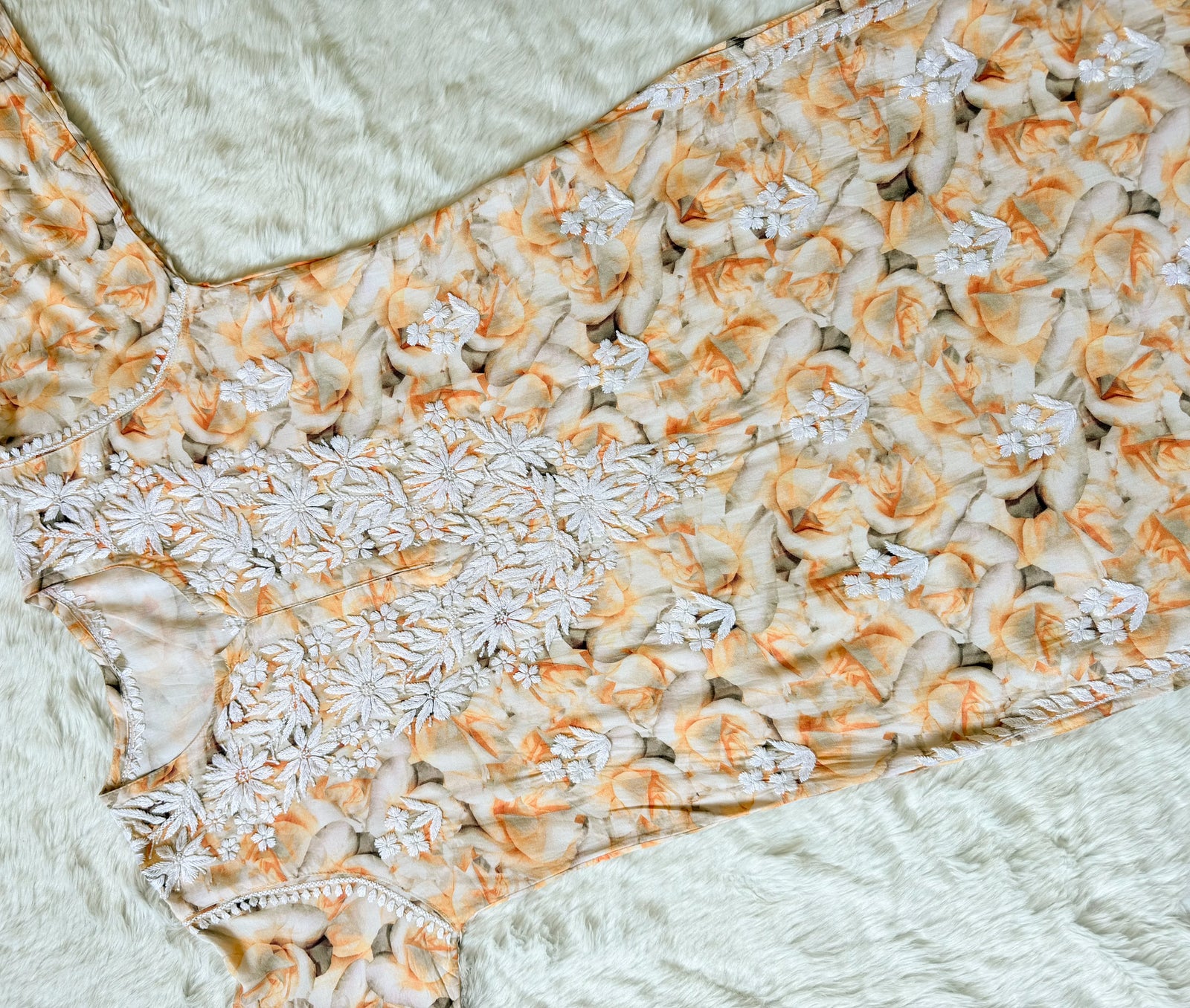 Zuby Sunset Yellow Printed Long Rayon Kurta with White Chikankari