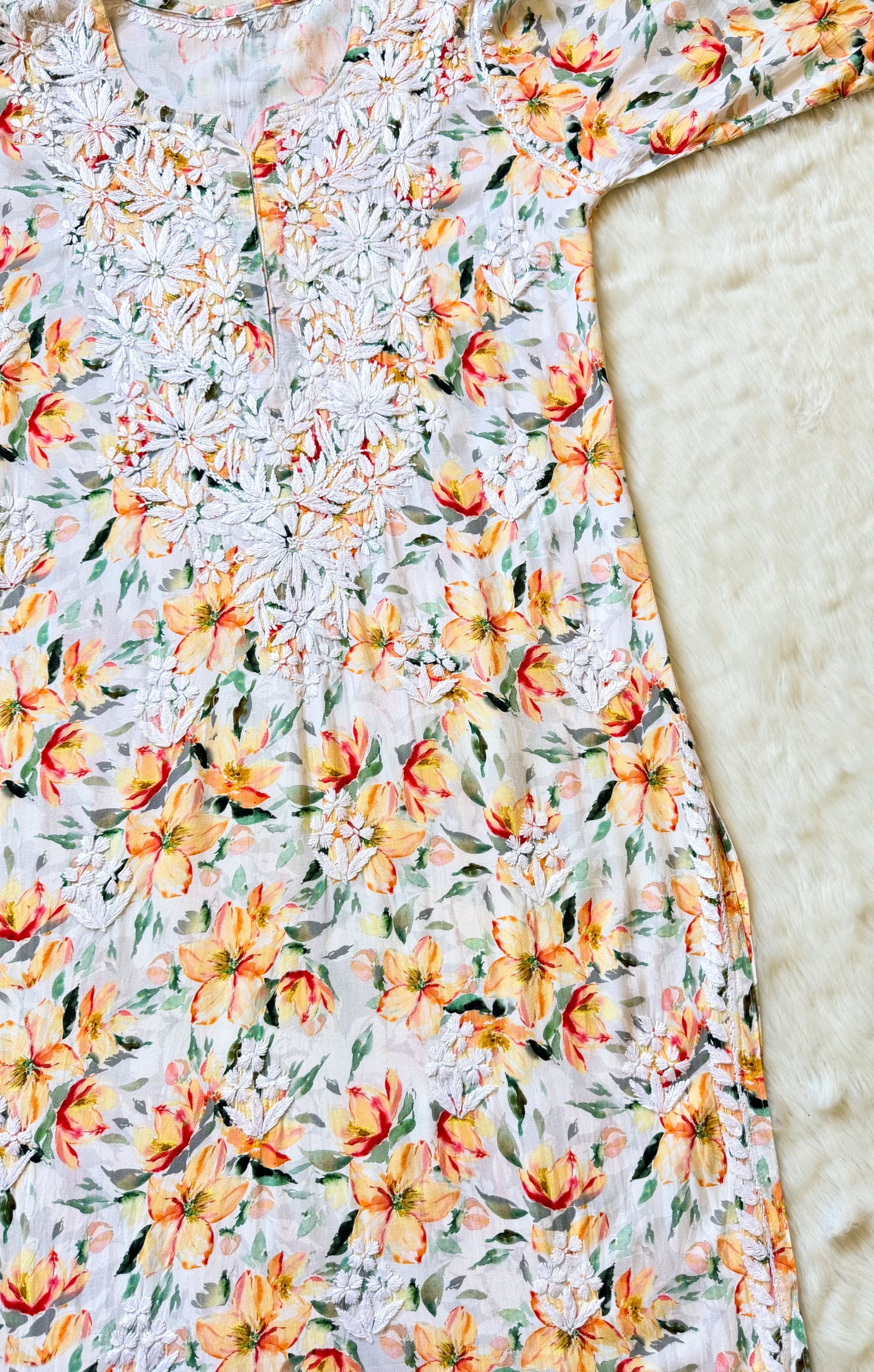 Zuby Yellow Printed Long Rayon Kurta with White Chikankari