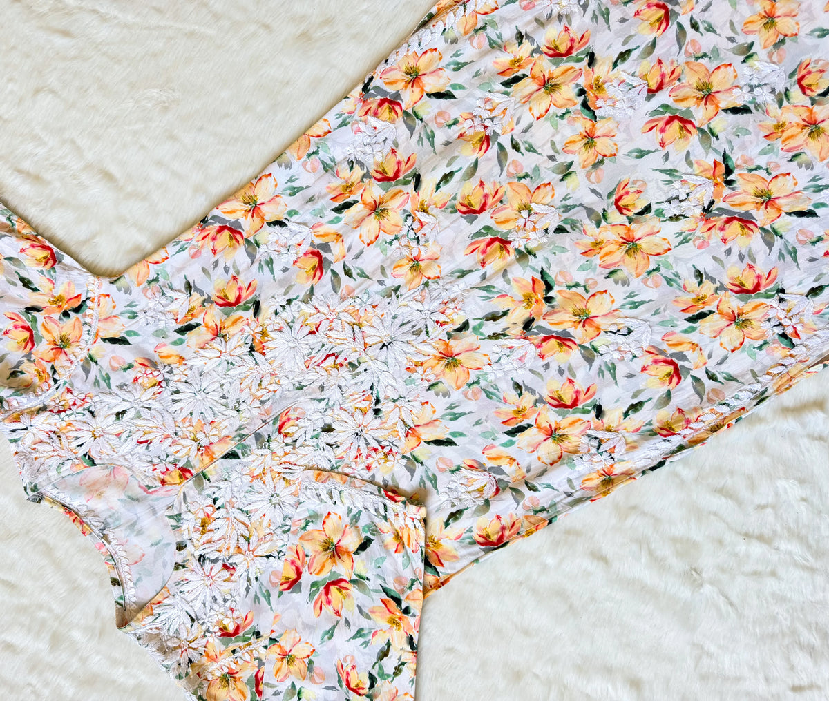 Zuby Yellow Printed Long Rayon Kurta with White Chikankari