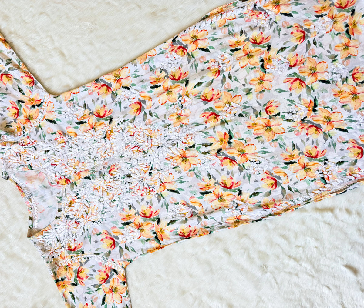 Zuby Yellow Printed Long Rayon Kurta with White Chikankari