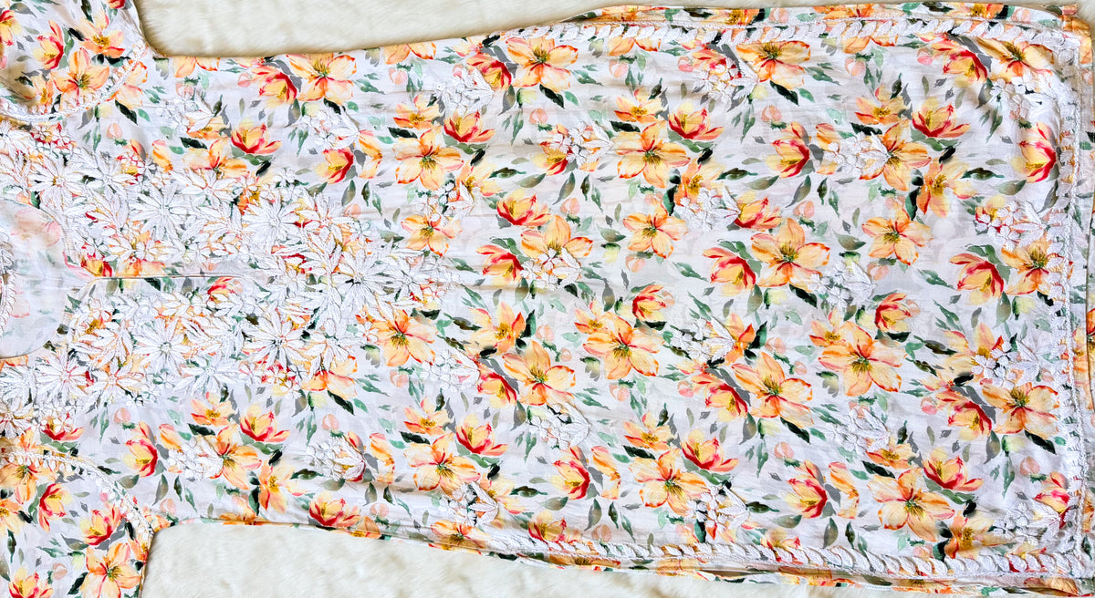 Zuby Yellow Printed Long Rayon Kurta with White Chikankari