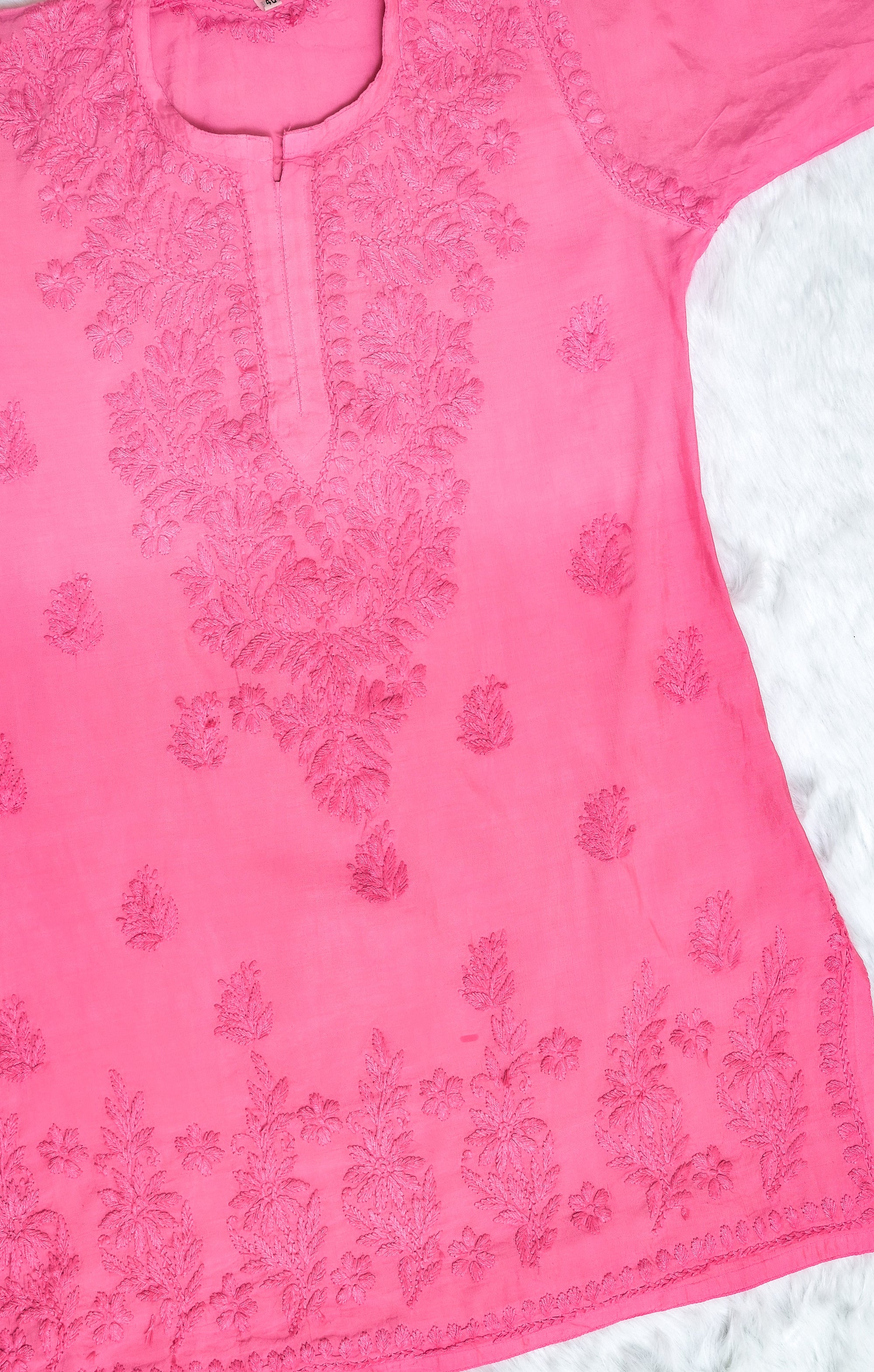 Baby Pink Chanderi Short Ombre Chikankari Kurta