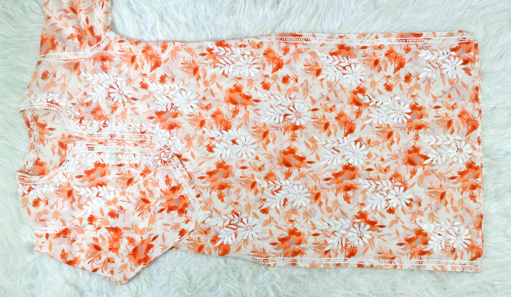 Tangerine orange Printed MulMul Kurta with Heavy Chikankari