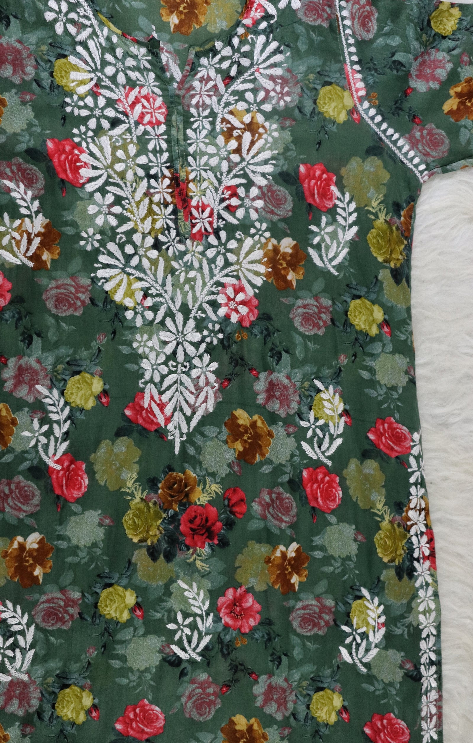 Green Roses Printed MulMul Kurta