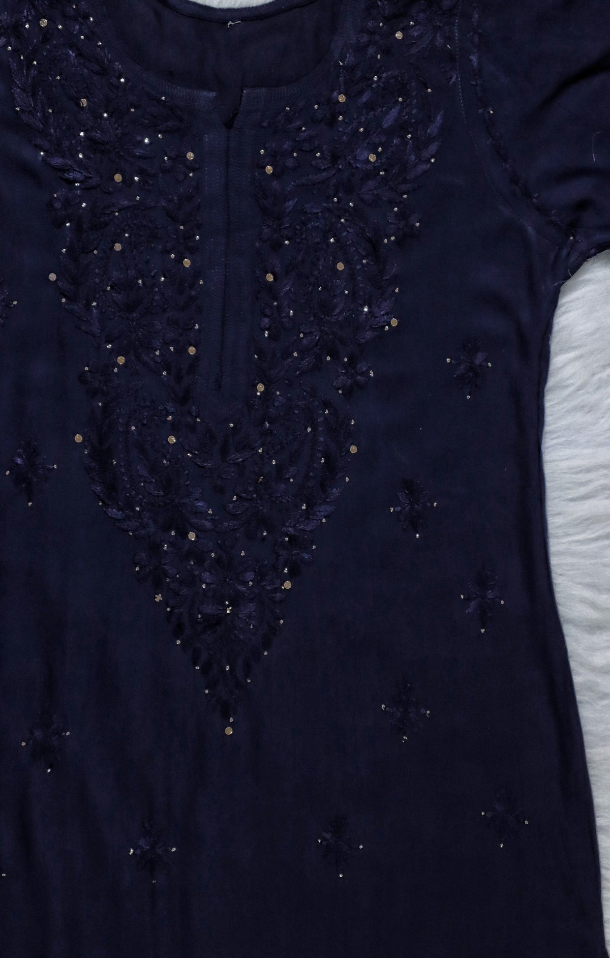 Navy Blue Rayon Kurta with Self Chikankari &amp; Mukesh Work