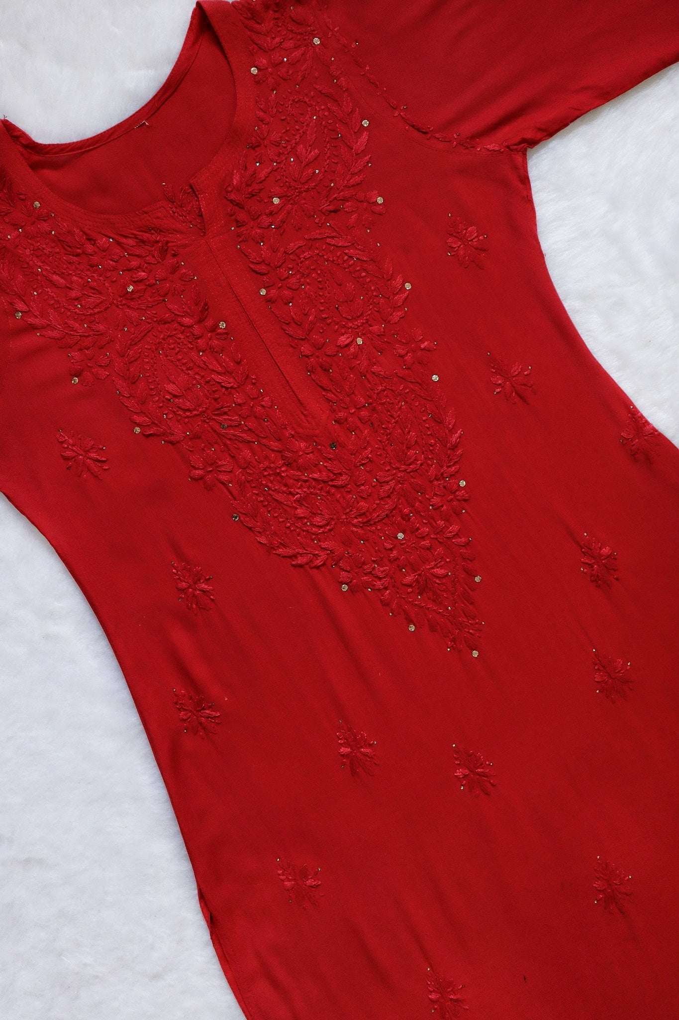 Red Rayon Kurta with Self Chikankari & Mukesh Work 