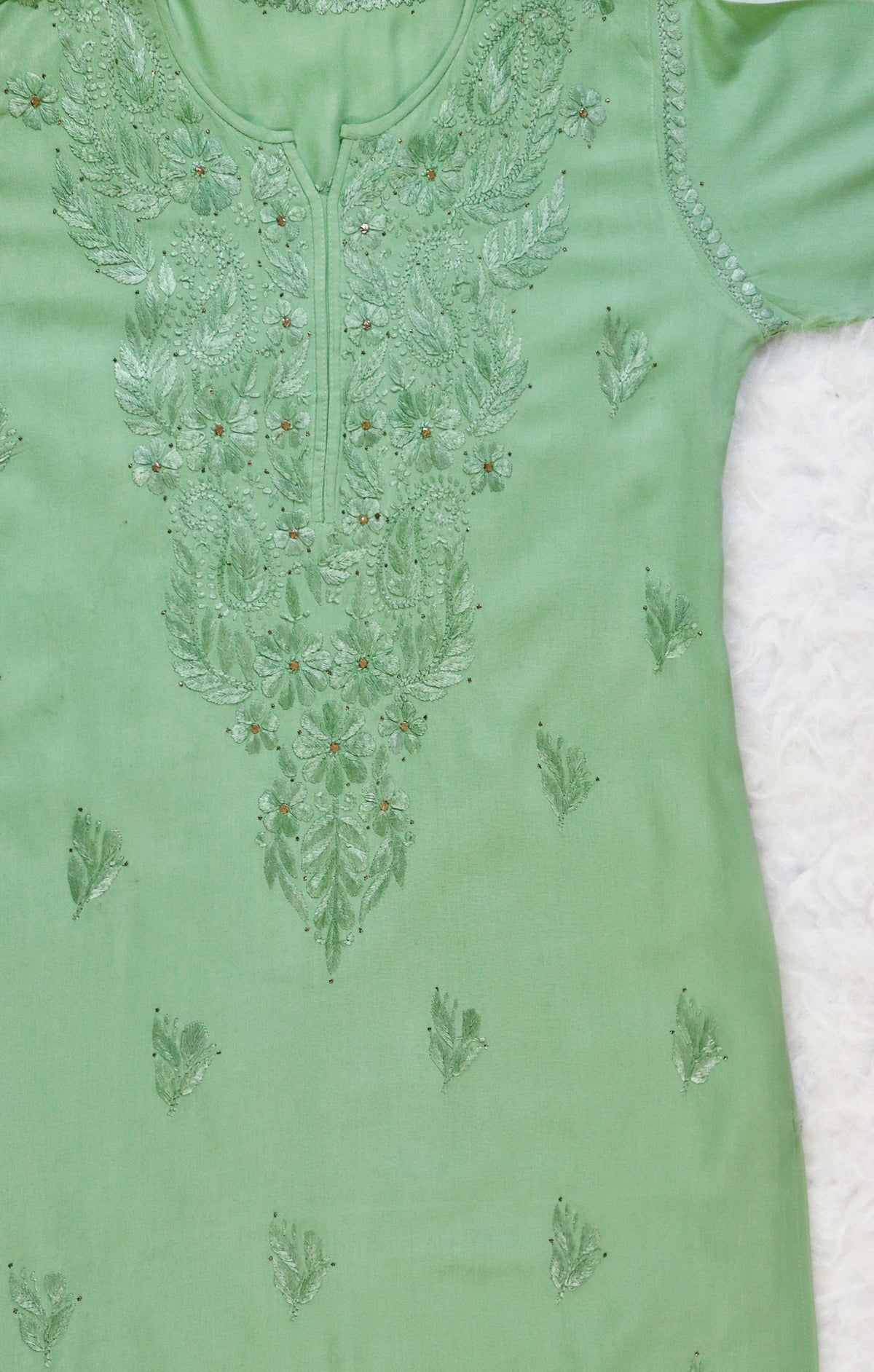 Sage Green Rayon Kurta with Self Chikanakari &amp;  Mukesh Work