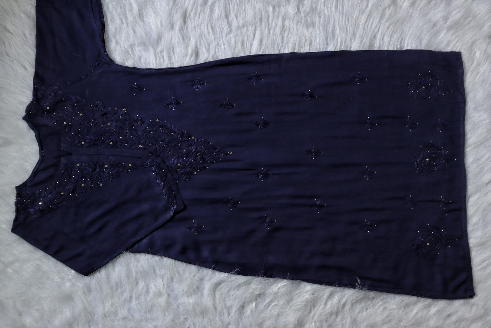 Navy Blue Rayon Kurta with Self Chikankari & Mukesh Work